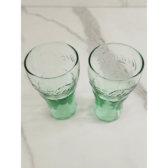 Coca Cola Coke Green Mini Glass 6.25 oz Drinking Glasses 4 1/4" Logo Embossed x2 - Picture 8 of 12